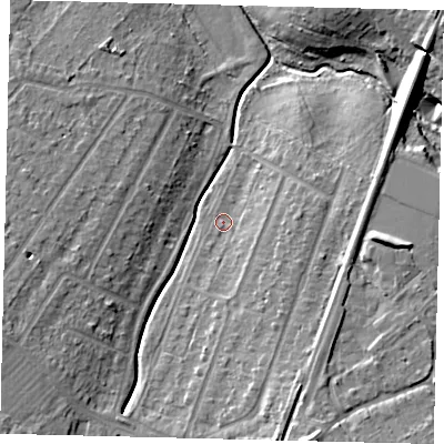 Shaded relief map of the ground around KT199UL, computed from Environment Agency LiDAR. The ground here sits at about 28 m above sea level and falls 15 m across the surrounding 800 m. Surface water reaching this point runs off ground lying to the south-east, 2.8 m higher.