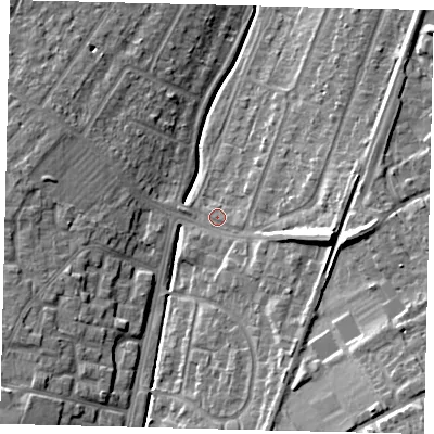 Shaded relief map of the ground around KT199UR, computed from Environment Agency LiDAR. The ground here sits at about 31 m above sea level and falls 17 m across the surrounding 800 m. Surface water reaching this point runs off ground lying to the east-south-east, 8.6 m higher.