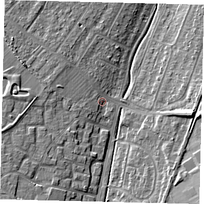 Shaded relief map of the ground around KT199UU, computed from Environment Agency LiDAR. The ground here sits at about 32 m above sea level and falls 14 m across the surrounding 800 m. Surface water reaching this point runs off ground lying to the west-south-west, 3.2 m higher.