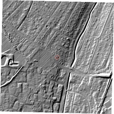 Shaded relief map of the ground around KT199UZ, computed from Environment Agency LiDAR. The ground here sits at about 33 m above sea level and falls 14 m across the surrounding 800 m. Surface water reaching this point runs off ground lying to the north-west, 1.5 m higher.