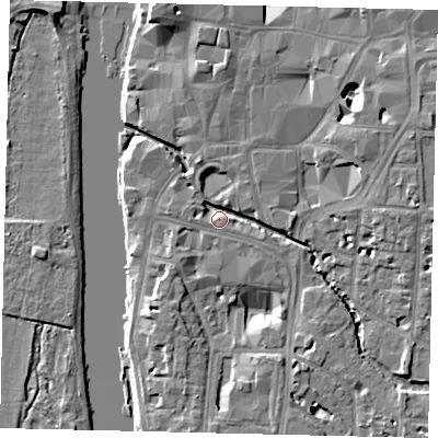 Shaded relief map of the ground around KT19SA, computed from Environment Agency LiDAR. The ground here sits at about 7 m above sea level and falls 10 m across the surrounding 800 m. Surface water reaching this point runs off ground lying to the south-south-east, 8.7 m higher.