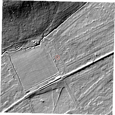 Shaded relief map of the ground around KT211QB, computed from Environment Agency LiDAR. The ground here sits at about 49 m above sea level and falls 17 m across the surrounding 800 m. Surface water reaching this point runs off ground lying to the south-east, 7.8 m higher.