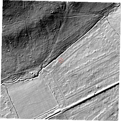 Shaded relief map of the ground around KT211QD, computed from Environment Agency LiDAR. The ground here sits at about 48 m above sea level and falls 29 m across the surrounding 800 m. Surface water reaching this point runs off ground lying to the east-south-east, 6.1 m higher.