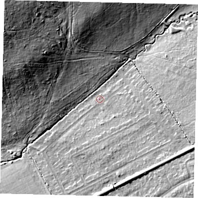 Shaded relief map of the ground around KT211QF, computed from Environment Agency LiDAR. The ground here sits at about 50 m above sea level and falls 27 m across the surrounding 800 m. Surface water reaching this point runs off ground lying to the east-south-east, 7.8 m higher.