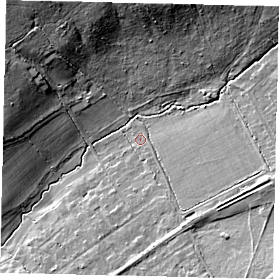 Shaded relief map of the ground around KT212ED, computed from Environment Agency LiDAR. The ground here sits at about 46 m above sea level and falls 23 m across the surrounding 800 m. Surface water reaching this point runs off ground lying to the south-east, 1.9 m higher.