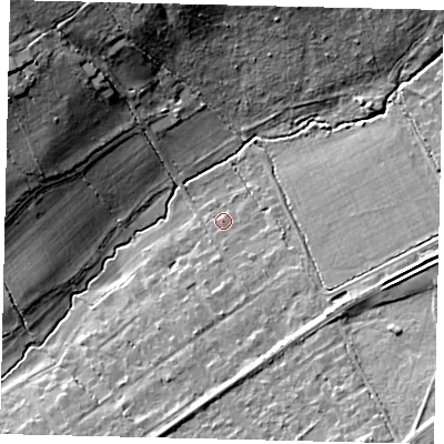 Shaded relief map of the ground around KT212EQ, computed from Environment Agency LiDAR. The ground here sits at about 46 m above sea level and falls 22 m across the surrounding 800 m. Surface water reaching this point runs off ground lying to the south-east, 0.6 m higher.