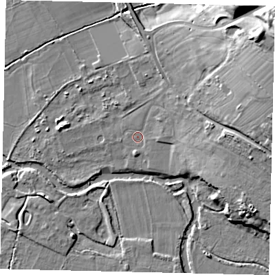 Shaded relief map of the ground around KT220AG, computed from Environment Agency LiDAR. The ground here sits at about 30 m above sea level and falls 24 m across the surrounding 800 m. Surface water reaching this point runs off ground lying to the east, 8.7 m higher.