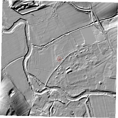 Shaded relief map of the ground around KT220AU, computed from Environment Agency LiDAR. The ground here sits at about 30 m above sea level and falls 22 m across the surrounding 800 m. Surface water reaching this point runs off ground lying to the east, 0.8 m higher.