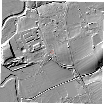 Shaded relief map of the ground around KT220BA, computed from Environment Agency LiDAR. The ground here sits at about 33 m above sea level and falls 17 m across the surrounding 800 m. Surface water reaching this point runs off ground lying to the east, 1.9 m higher.