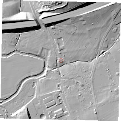 Shaded relief map of the ground around KT220BQ, computed from Environment Agency LiDAR. The ground here sits at about 30 m above sea level and falls 29 m across the surrounding 800 m. Surface water reaching this point runs off ground lying to the north-north-east, 12.1 m higher.