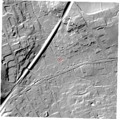 Shaded relief map of the ground around KT220TJ, computed from Environment Agency LiDAR. The ground here sits at about 32 m above sea level and falls 35 m across the surrounding 800 m. Surface water reaching this point runs off ground lying to the south-west, 32.4 m higher.