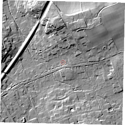 Shaded relief map of the ground around KT220TN, computed from Environment Agency LiDAR. The ground here sits at about 34 m above sea level and falls 20 m across the surrounding 800 m. Surface water reaching this point runs off ground lying to the north, 18.1 m higher.