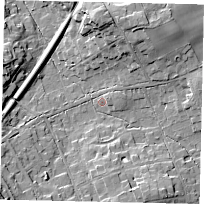 Shaded relief map of the ground around KT220TW, computed from Environment Agency LiDAR. The ground here sits at about 34 m above sea level and falls 27 m across the surrounding 800 m. Surface water reaching this point runs off ground lying to the south-west, 25.4 m higher.