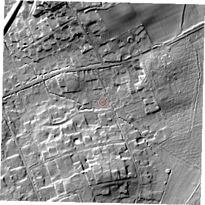 Shaded relief map of the ground around KT220UF, computed from Environment Agency LiDAR. The ground here sits at about 34 m above sea level and falls 18 m across the surrounding 800 m. Surface water reaching this point runs off ground lying to the north, 14.6 m higher.