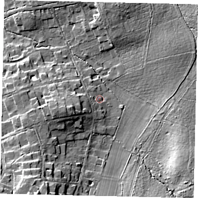 Shaded relief map of the ground around KT220UL, computed from Environment Agency LiDAR. The ground here sits at about 37 m above sea level and falls 21 m across the surrounding 800 m. Surface water reaching this point runs off ground lying to the west-south-west, 7.4 m higher.