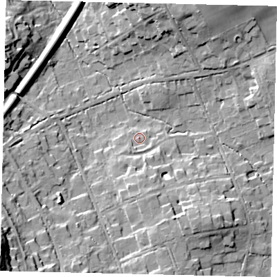 Shaded relief map of the ground around KT220UU, computed from Environment Agency LiDAR. The ground here sits at about 36 m above sea level and falls 31 m across the surrounding 800 m. Surface water reaching this point runs off ground lying to the south-south-west, 2.4 m higher.