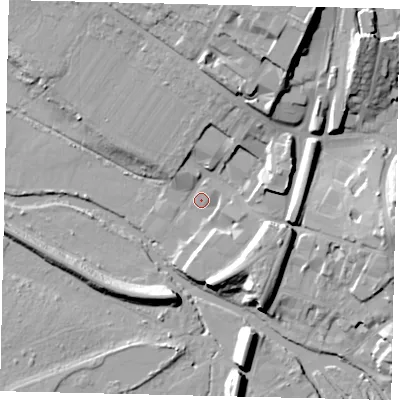 Shaded relief map of the ground around KT227BA, computed from Environment Agency LiDAR. The ground here sits at about 32 m above sea level and falls 24 m across the surrounding 800 m. Surface water reaching this point runs off ground lying to the north-north-east, 20.4 m higher.
