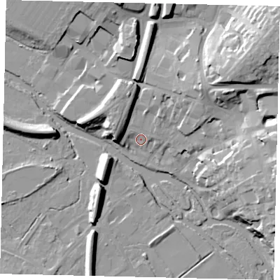 Shaded relief map of the ground around KT227DX, computed from Environment Agency LiDAR. The ground here sits at about 33 m above sea level and falls 23 m across the surrounding 800 m. Surface water reaching this point runs off ground lying to the north-north-west, 9.9 m higher.