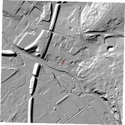 Shaded relief map of the ground around KT227EP, computed from Environment Agency LiDAR. The ground here sits at about 33 m above sea level and falls 23 m across the surrounding 800 m. Surface water reaching this point runs off ground lying to the north-north-east, 13.3 m higher.