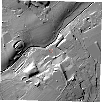 Shaded relief map of the ground around KT227GR, computed from Environment Agency LiDAR. The ground here sits at about 36 m above sea level and falls 22 m across the surrounding 800 m. Surface water reaching this point runs off ground lying to the south-south-east, 4.8 m higher.