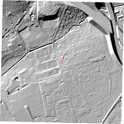 Shaded relief map of the ground around KT227QA, computed from Environment Agency LiDAR. The ground here sits at about 39 m above sea level and falls 19 m across the surrounding 800 m. Surface water reaching this point runs off ground lying to the east, 3.6 m higher.
