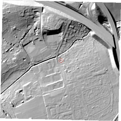 Shaded relief map of the ground around KT227QD, computed from Environment Agency LiDAR. The ground here sits at about 37 m above sea level and falls 24 m across the surrounding 800 m. Surface water reaching this point runs off ground lying to the north-north-west, 15.2 m higher.