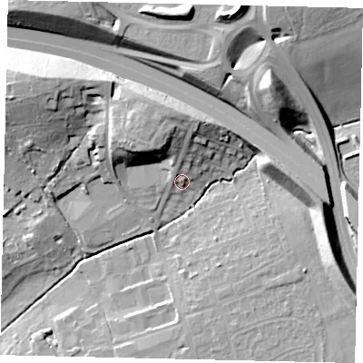 Shaded relief map of the ground around KT227QE, computed from Environment Agency LiDAR. The ground here sits at about 40 m above sea level and falls 28 m across the surrounding 800 m. Surface water reaching this point runs off ground lying to the north, 7.4 m higher.