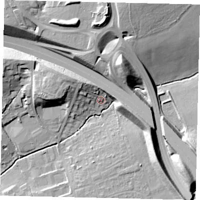 Shaded relief map of the ground around KT227QF, computed from Environment Agency LiDAR. The ground here sits at about 40 m above sea level and falls 27 m across the surrounding 800 m. Surface water reaching this point runs off ground lying to the east-south-east, 11.1 m higher.
