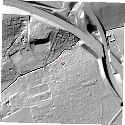 Shaded relief map of the ground around KT227QG, computed from Environment Agency LiDAR. The ground here sits at about 38 m above sea level and falls 24 m across the surrounding 800 m. Surface water reaching this point runs off ground lying to the south-east, 4.1 m higher.