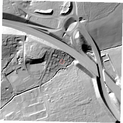 Shaded relief map of the ground around KT227QH, computed from Environment Agency LiDAR. The ground here sits at about 40 m above sea level and falls 28 m across the surrounding 800 m. Surface water reaching this point runs off ground lying to the north-north-west, 9.9 m higher.