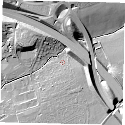 Shaded relief map of the ground around KT227QJ, computed from Environment Agency LiDAR. The ground here sits at about 38 m above sea level and falls 24 m across the surrounding 800 m. Surface water reaching this point runs off ground lying to the south-south-east, 4.3 m higher.