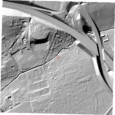 Shaded relief map of the ground around KT227QQ, computed from Environment Agency LiDAR. The ground here sits at about 38 m above sea level and falls 24 m across the surrounding 800 m. Surface water reaching this point runs off ground lying to the north-west, 15.2 m higher.