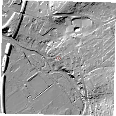 Shaded relief map of the ground around KT228BH, computed from Environment Agency LiDAR. The ground here sits at about 40 m above sea level and falls 33 m across the surrounding 800 m. Surface water reaching this point runs off ground lying to the east, 10.3 m higher.