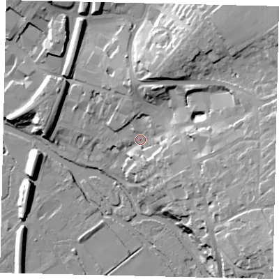 Shaded relief map of the ground around KT228BZ, computed from Environment Agency LiDAR. The ground here sits at about 37 m above sea level and falls 30 m across the surrounding 800 m. Surface water reaching this point runs off ground lying to the east-south-east, 20.6 m higher.