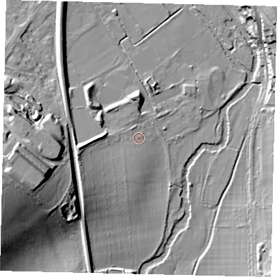 Shaded relief map of the ground around KT228JD, computed from Environment Agency LiDAR. The ground here sits at about 34 m above sea level and falls 34 m across the surrounding 800 m. Surface water reaching this point runs off ground lying to the south-west, 9.8 m higher.