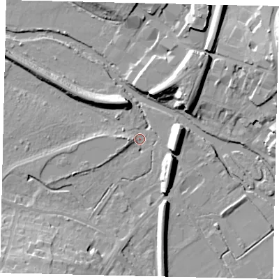 Shaded relief map of the ground around KT229AA, computed from Environment Agency LiDAR. The ground here sits at about 31 m above sea level and falls 17 m across the surrounding 800 m. Surface water reaching this point runs off ground lying to the south-west, 15.0 m higher.