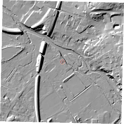 Shaded relief map of the ground around KT229AD, computed from Environment Agency LiDAR. The ground here sits at about 32 m above sea level and falls 22 m across the surrounding 800 m. Surface water reaching this point runs off ground lying to the east, 21.2 m higher.