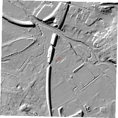 Shaded relief map of the ground around KT229AE, computed from Environment Agency LiDAR. The ground here sits at about 31 m above sea level and falls 24 m across the surrounding 800 m. Surface water reaching this point runs off ground lying to the north-east, 1.3 m higher.