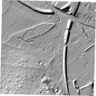 Shaded relief map of the ground around KT229AP, computed from Environment Agency LiDAR. The ground here sits at about 32 m above sea level and falls 32 m across the surrounding 800 m. Surface water reaching this point runs off ground lying to the south-south-west, 1.5 m higher.