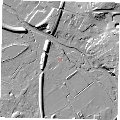 Shaded relief map of the ground around KT229DF, computed from Environment Agency LiDAR. The ground here sits at about 31 m above sea level and falls 22 m across the surrounding 800 m. Surface water reaching this point runs off ground lying to the north, 1.3 m higher.