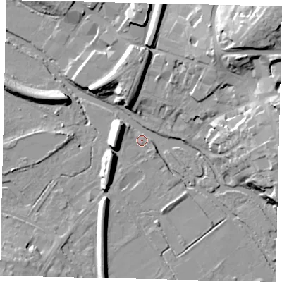 Shaded relief map of the ground around KT229DQ, computed from Environment Agency LiDAR. The ground here sits at about 32 m above sea level and falls 23 m across the surrounding 800 m. Surface water reaching this point runs off ground lying to the south-east, 1.2 m higher.