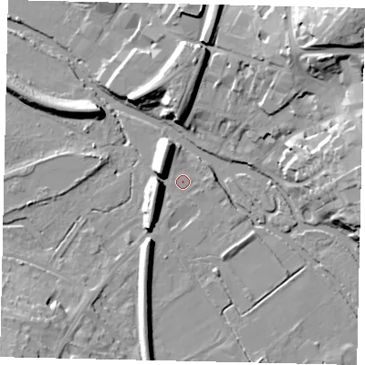 Shaded relief map of the ground around KT229DR, computed from Environment Agency LiDAR. The ground here sits at about 31 m above sea level and falls 23 m across the surrounding 800 m. Surface water reaching this point runs off ground lying to the east, 1.9 m higher.