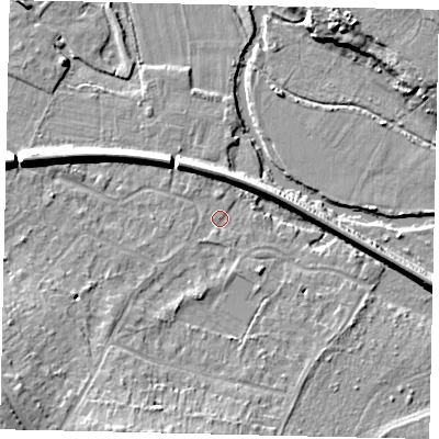 Shaded relief map of the ground around KT229FE, computed from Environment Agency LiDAR. The ground here sits at about 31 m above sea level and falls 12 m across the surrounding 800 m. Surface water reaching this point runs off ground lying to the south-south-west, 0.8 m higher.
