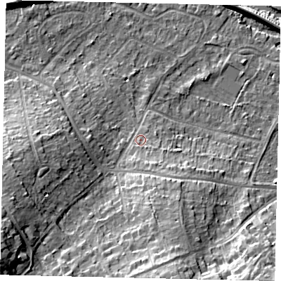 Shaded relief map of the ground around KT229JZ, computed from Environment Agency LiDAR. The ground here sits at about 36 m above sea level and falls 22 m across the surrounding 800 m. Surface water reaching this point runs off ground lying to the south-west, 15.2 m higher.