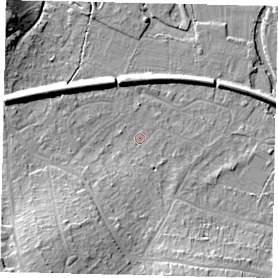 Shaded relief map of the ground around KT229LA, computed from Environment Agency LiDAR. The ground here sits at about 32 m above sea level and falls 18 m across the surrounding 800 m. Surface water reaching this point runs off ground lying to the south, 2.2 m higher.