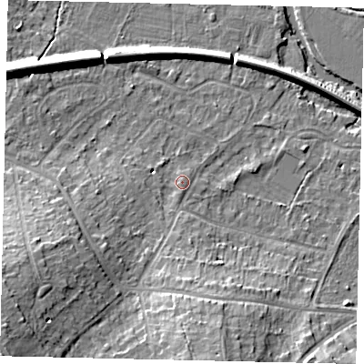 Shaded relief map of the ground around KT229LG, computed from Environment Agency LiDAR. The ground here sits at about 33 m above sea level and falls 19 m across the surrounding 800 m. Surface water reaching this point runs off ground lying to the south-west, 14.0 m higher.