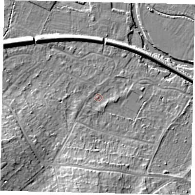 Shaded relief map of the ground around KT229LH, computed from Environment Agency LiDAR. The ground here sits at about 32 m above sea level and falls 15 m across the surrounding 800 m. Surface water reaching this point runs off ground lying to the south-west, 12.1 m higher.