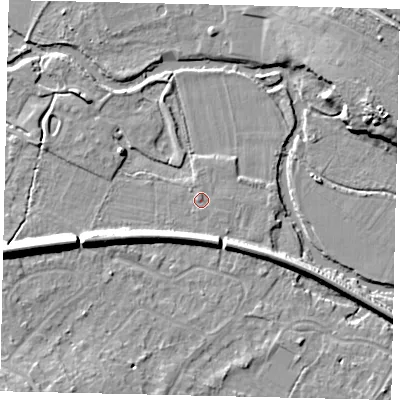 Shaded relief map of the ground around KT229LN, computed from Environment Agency LiDAR. The ground here sits at about 31 m above sea level and falls 14 m across the surrounding 800 m. Surface water reaching this point runs off ground lying to the north, 0.5 m higher.