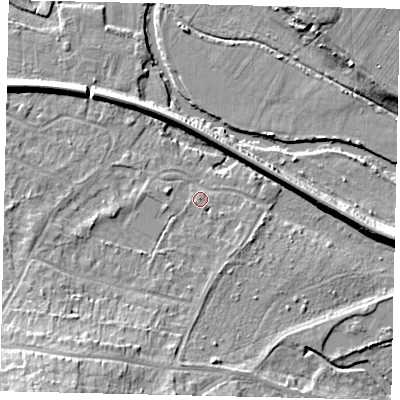 Shaded relief map of the ground around KT229LS, computed from Environment Agency LiDAR. The ground here sits at about 32 m above sea level and falls 14 m across the surrounding 800 m. Surface water reaching this point runs off ground lying to the south-south-west, 11.7 m higher.