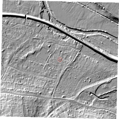 Shaded relief map of the ground around KT229LU, computed from Environment Agency LiDAR. The ground here sits at about 32 m above sea level and falls 16 m across the surrounding 800 m. Surface water reaching this point runs off ground lying to the east-south-east, 1.9 m higher.
